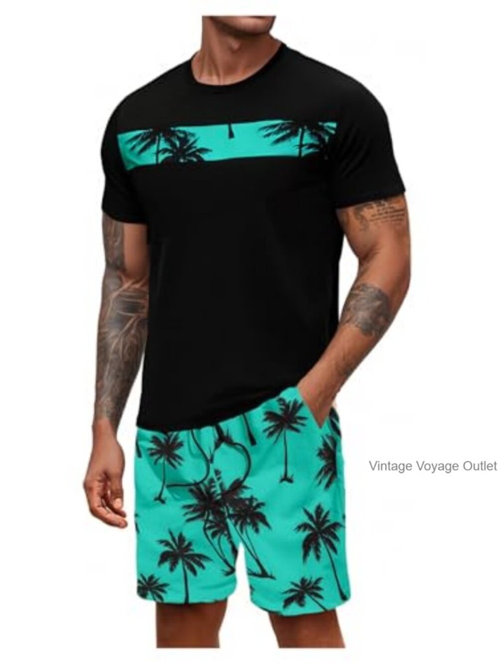 Men's 2 Piece Short Sleeve Shirt and Shorts Set Graphic Palm Tree Print